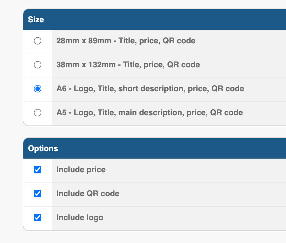 Facility to print price cards / QR codes