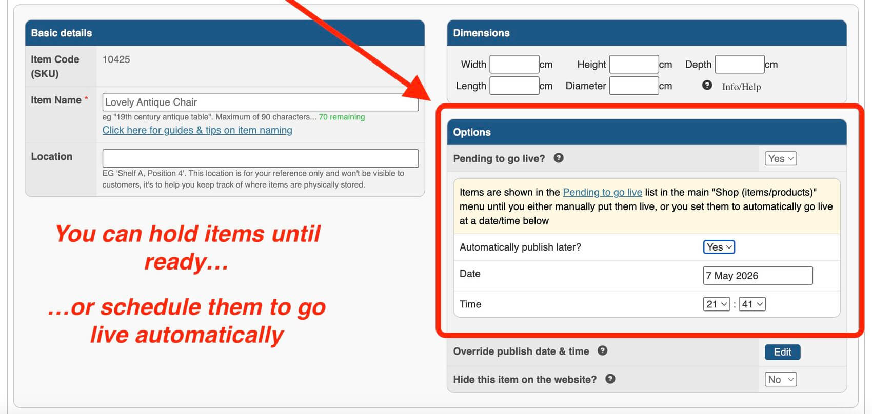 Screenshot of pending to go live feature in website manager