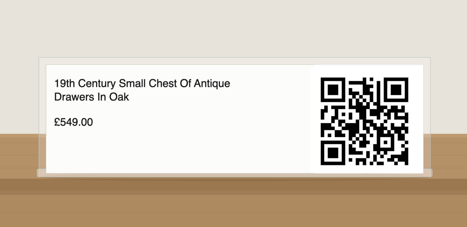 Printed price card with QR codes next to antique items